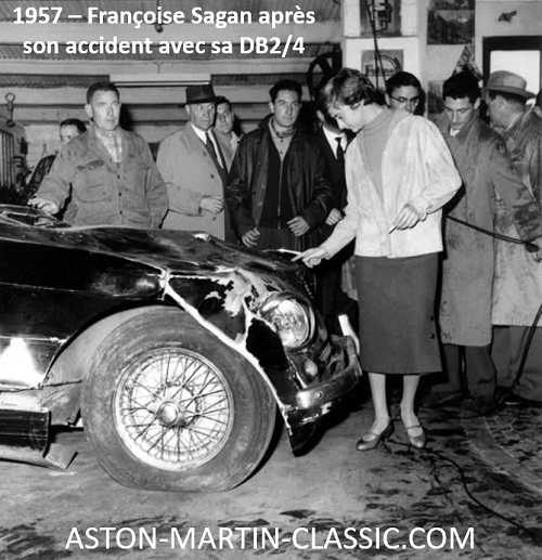 1957 Françoise Sagan après son accident avec une Aston-Martin DB2/4 cabriolet
